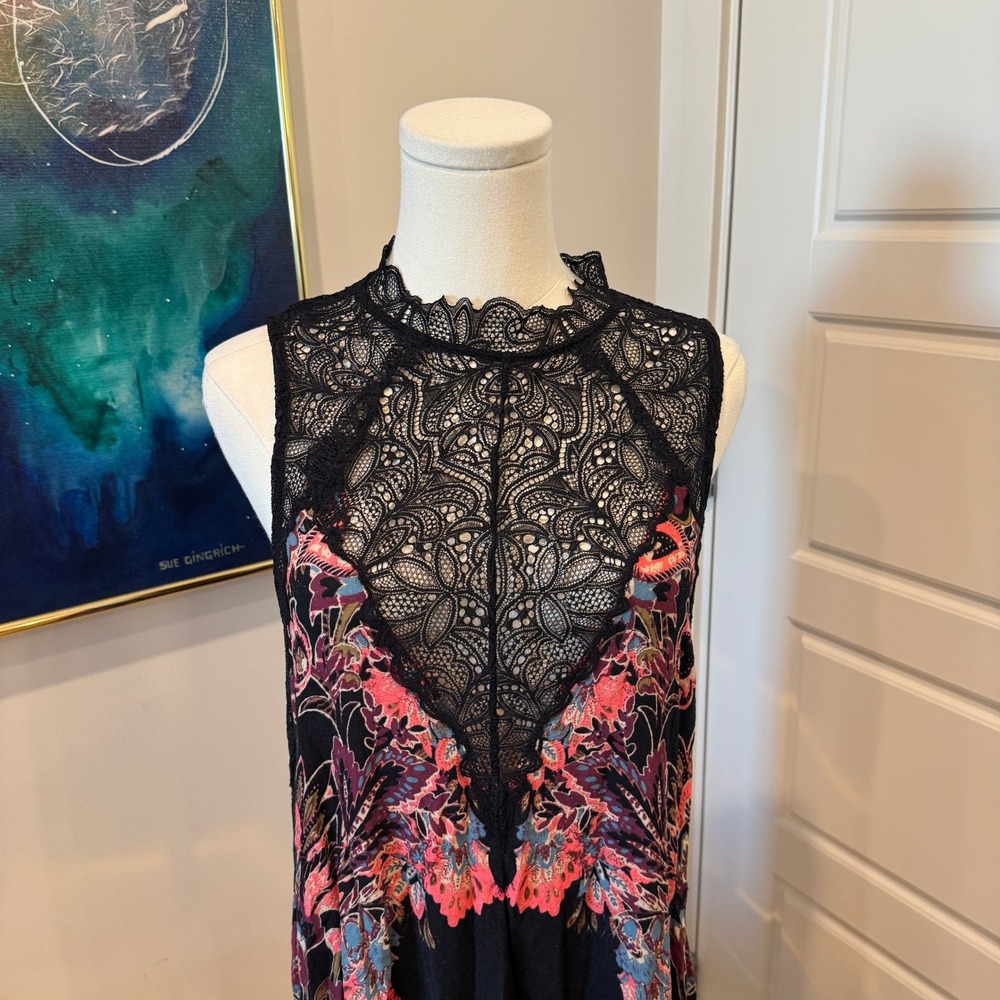 Free People Intimately Black Floral Paisley Lace Mock Neck Mini Dress Medium EUC - Picture 3 of 7